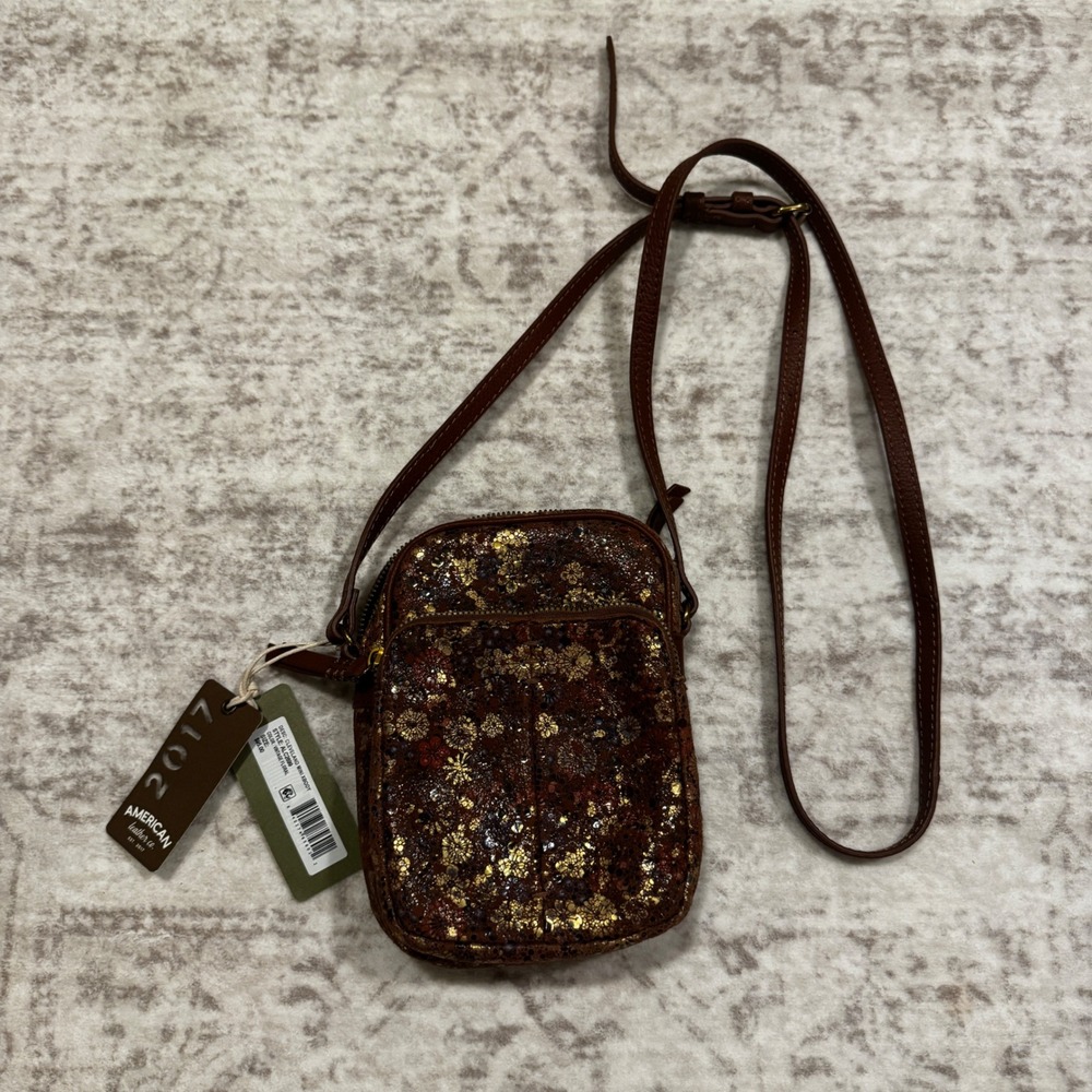 American Leather Co Cleveland Mini Crossbody Vintage Floral Gold NEW